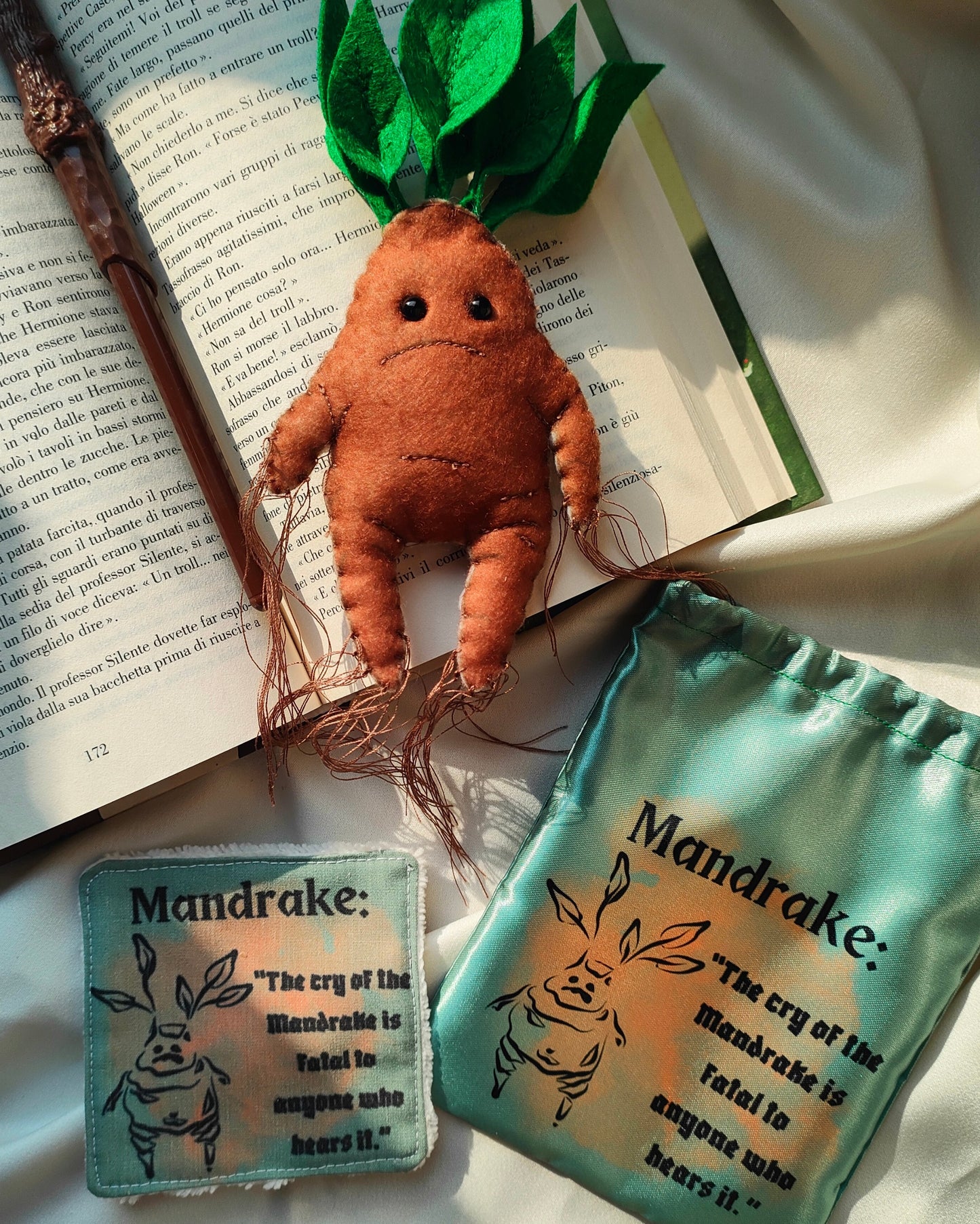 Set beauty artigianale mandragora magica con sacca dischetto struccante mollettine