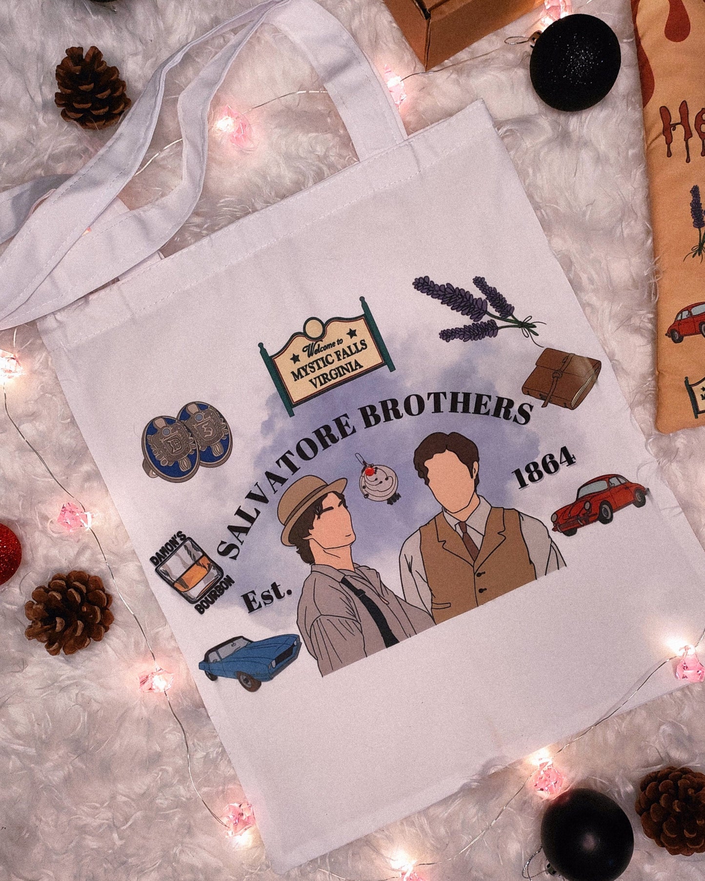 Tote bag artigianale con fratelli vampiri stile serie tv paranormal