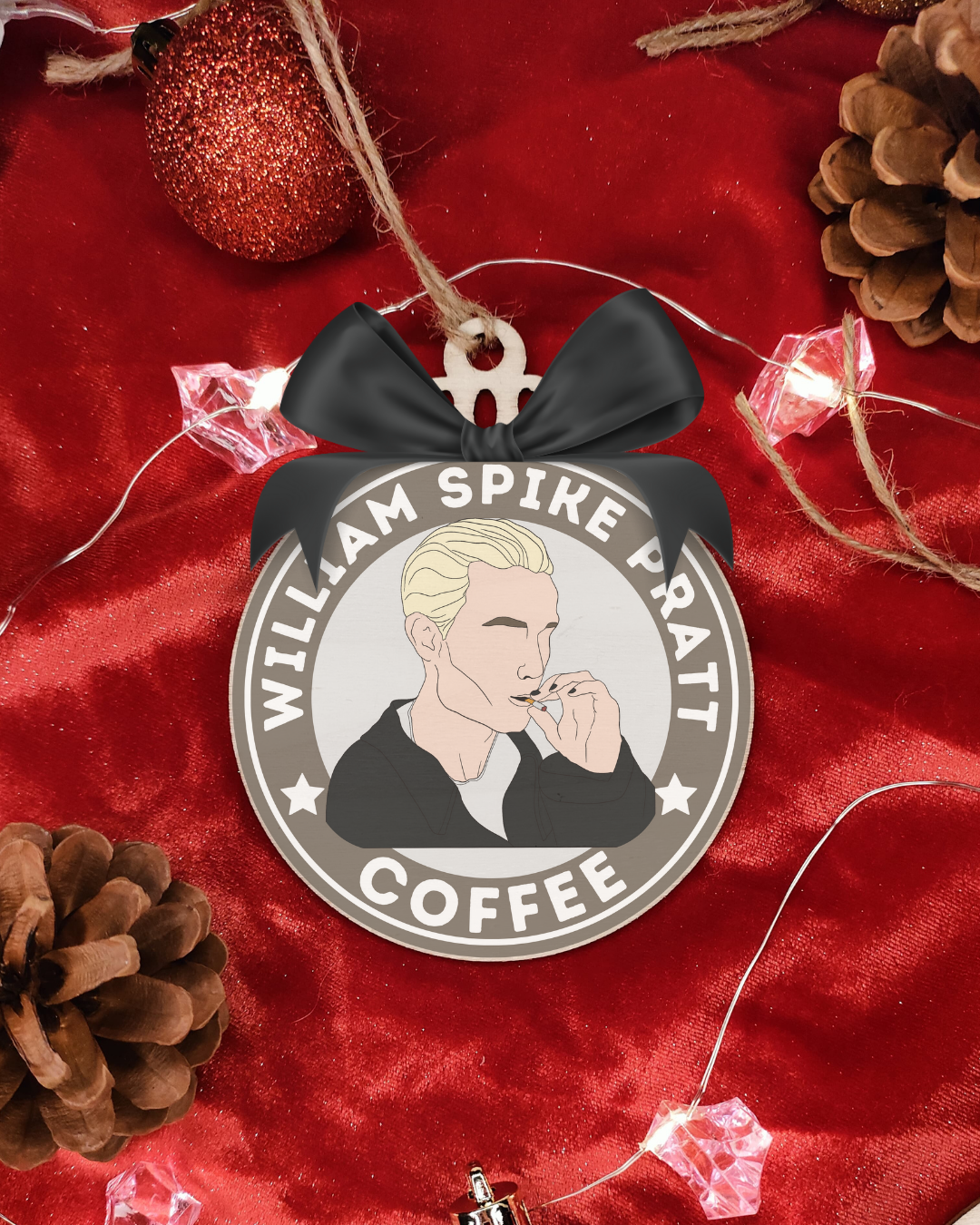 Sfera natale legno artigianale con vampiro biondo tema serie tv paranormale