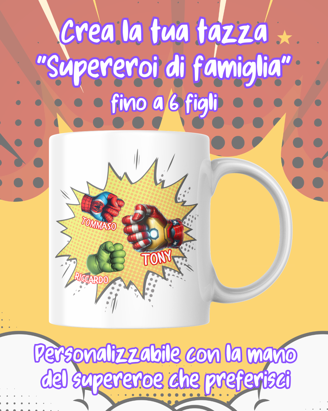 Tazza Pugno Supereroe Papà e Figlio (fino a 6 figli) Personalizzata con nome - Ceramica