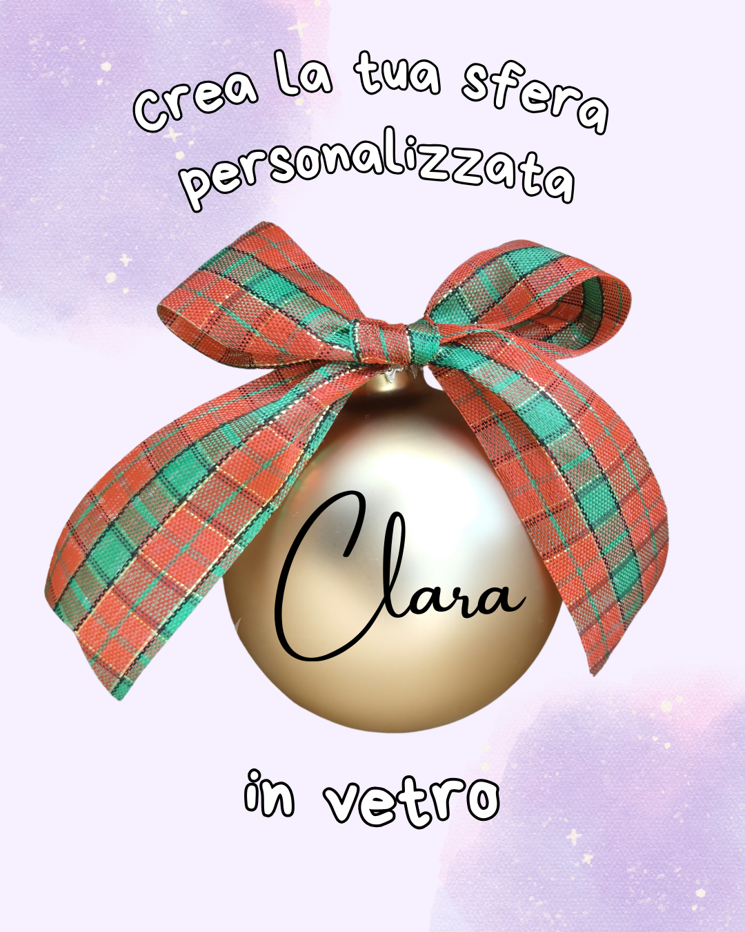 Sfera di Natale in vetro personalizzata con nome 6 cm con fiocco tartan rosso e confezione regalo