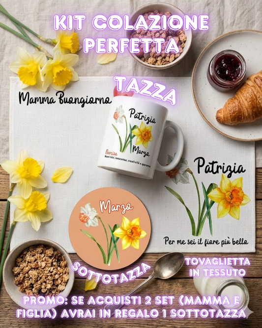 Kit Colazione Perfetta – Tazza Ceramica & Tovaglietta | Personalizzato con Fiore del Mese