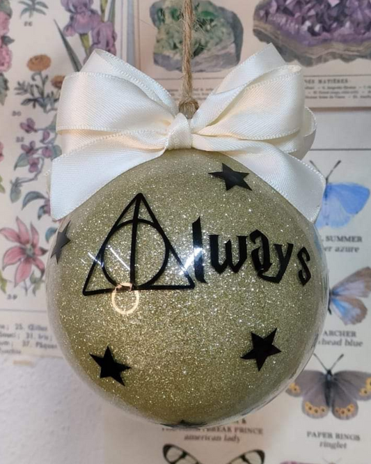 Sfera natale artigianale After All This Time Always 8cm con fiocco raso glitter oro