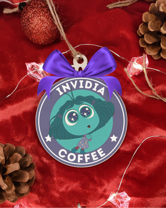 Sfera natale legno artigianale con personaggio emozione verde tema animazione