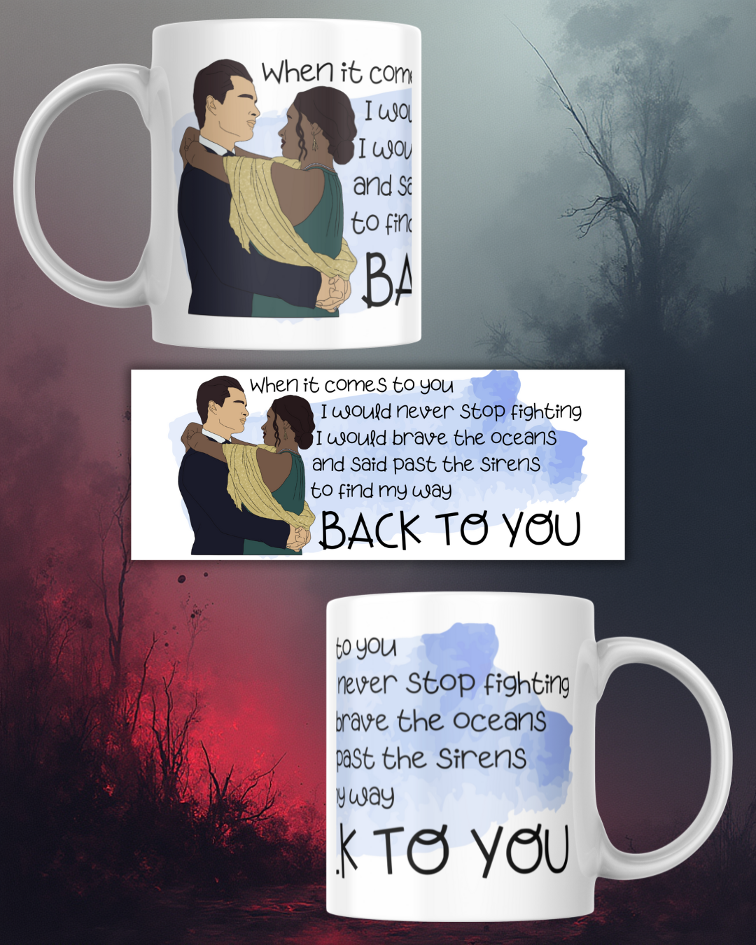 Tazza ceramica artigianale con coppia strega e vampiro stile serie tv