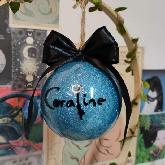 Sfera natale artigianale porta magica 8cm con fiocco raso e glitter azzurri