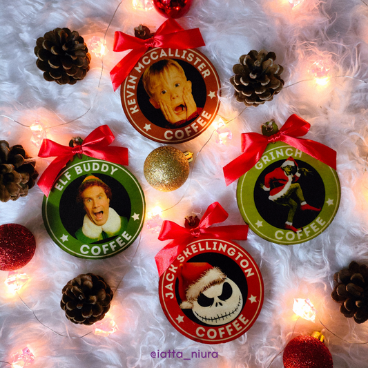 Sfere natale legno artigianali stampate a mano tema film classici natalizi