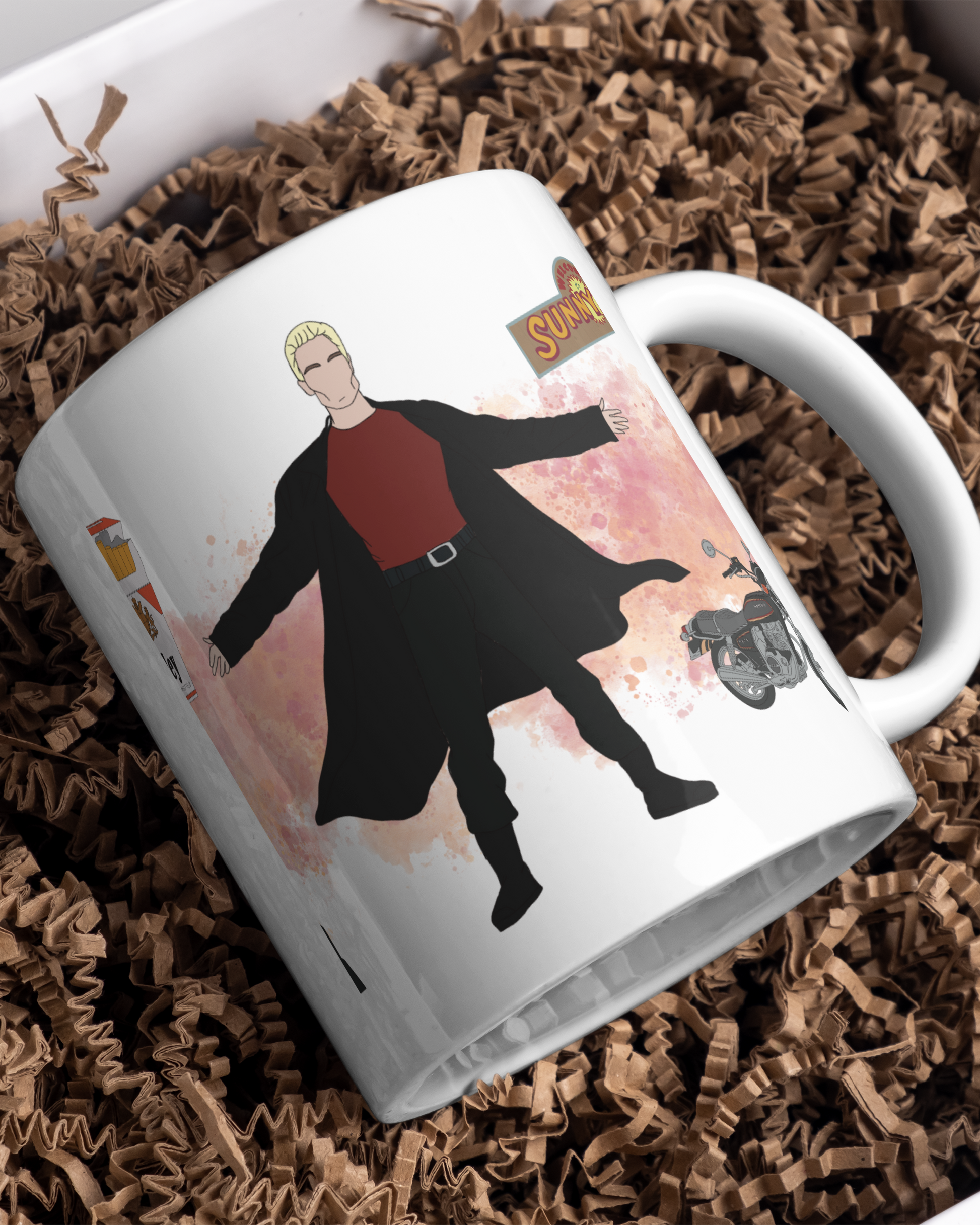 Dettaglio tazza bianca con illustrazione vampiro e scritta tema soprannaturale